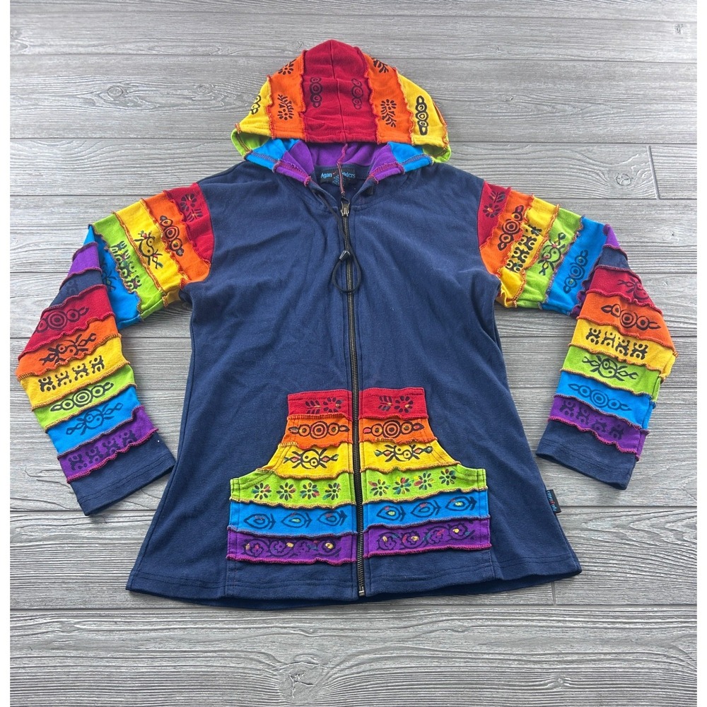 Agan Traders Rainbow Patchwork Zip Hoodie Navy Blue Boho Tribal Cotton Large